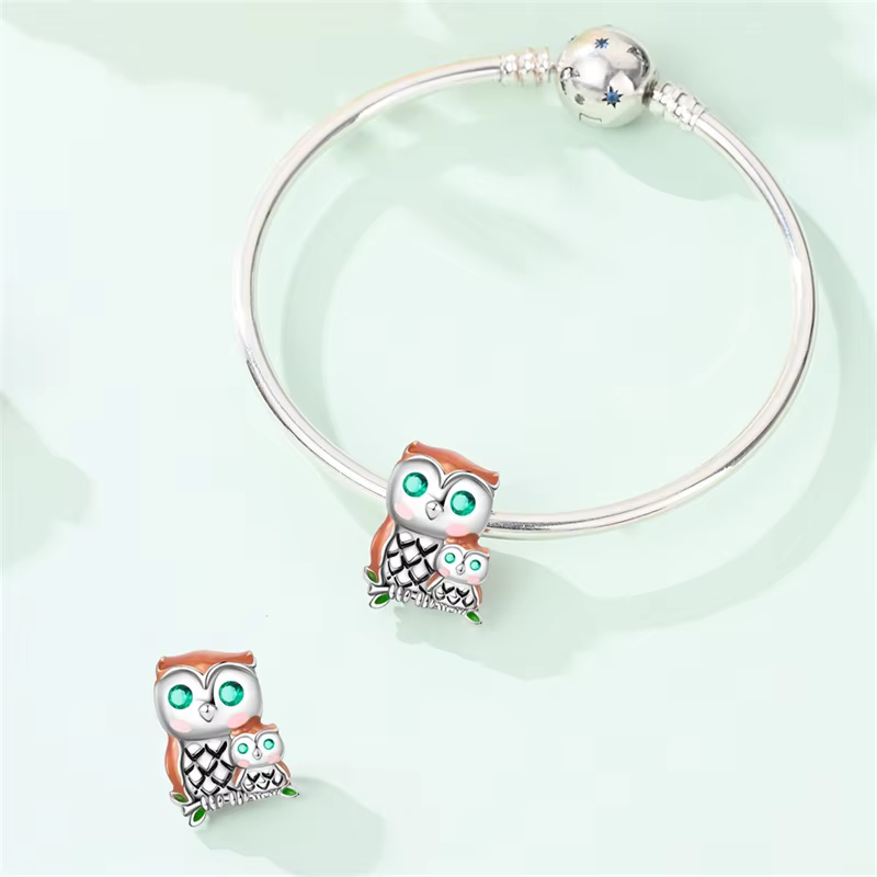 100% 925 Sterling Silver Brown Parent-child Owl Cartoon Animals Charms Beads Fit Bracelets For Women DIY Jewelry Birthday Gift