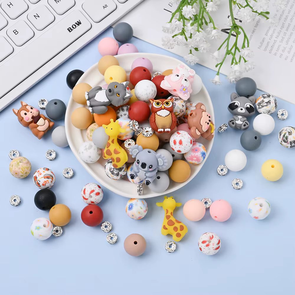 15Pcs Cute Cartoon Animal Silicone Beads 15mm Round Loose Beads For DIY Jewelry Making Beaded Pen  Pacifiers Clip Accessories