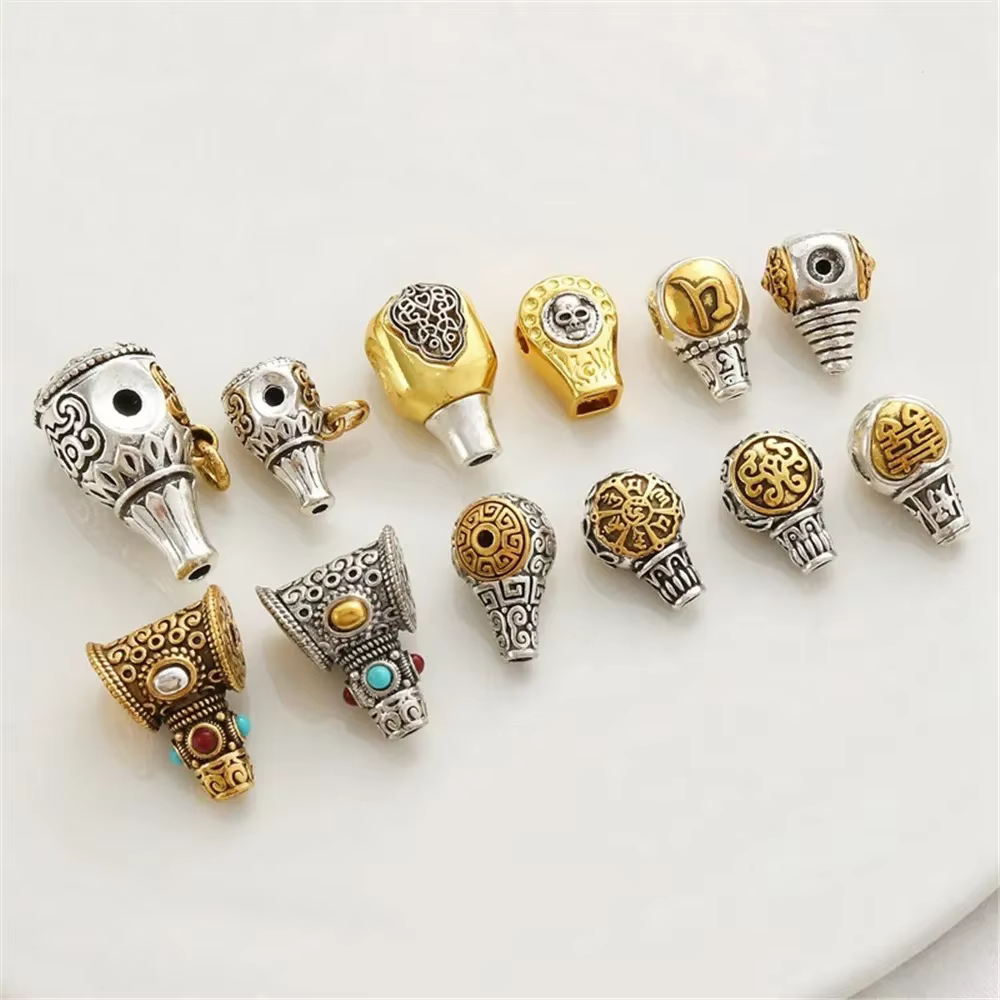 18K Six-character Mantra Ancient Silver Tower Head Bead Partition Animal DIY Play Bracelet Antique String Jewelry Accessories