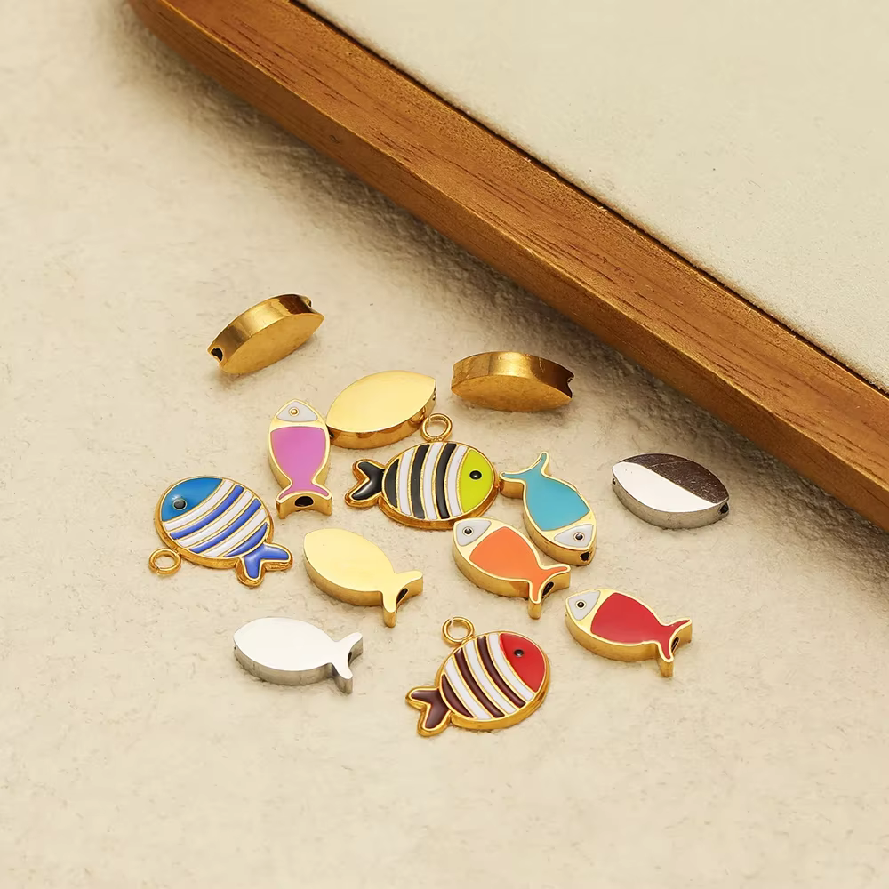 5Pcs Stainless Steel Colorful Enamel Fish Beads Charms Necklace Gold Pendants Bulk for DIY Kids Jewelry Making Bracelet Findings