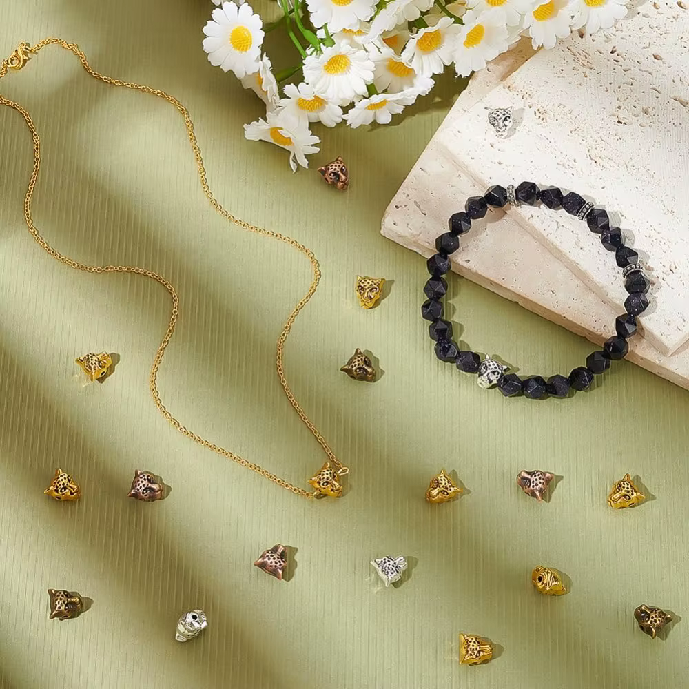 4 Colors Leopard Head Beads 100pcs Animal Bracelet Beads Style Alloy Bead Loose Metal Spacers for Men Summer Bracelet Necklace