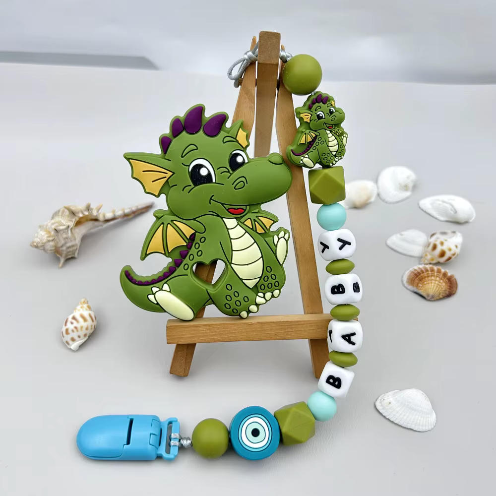 Custom English Russian Silicone Letter Name Baby Dragon Silicone bead animals Pendant Pacifier Clips Chains Teether Baby Kawaii Gifts