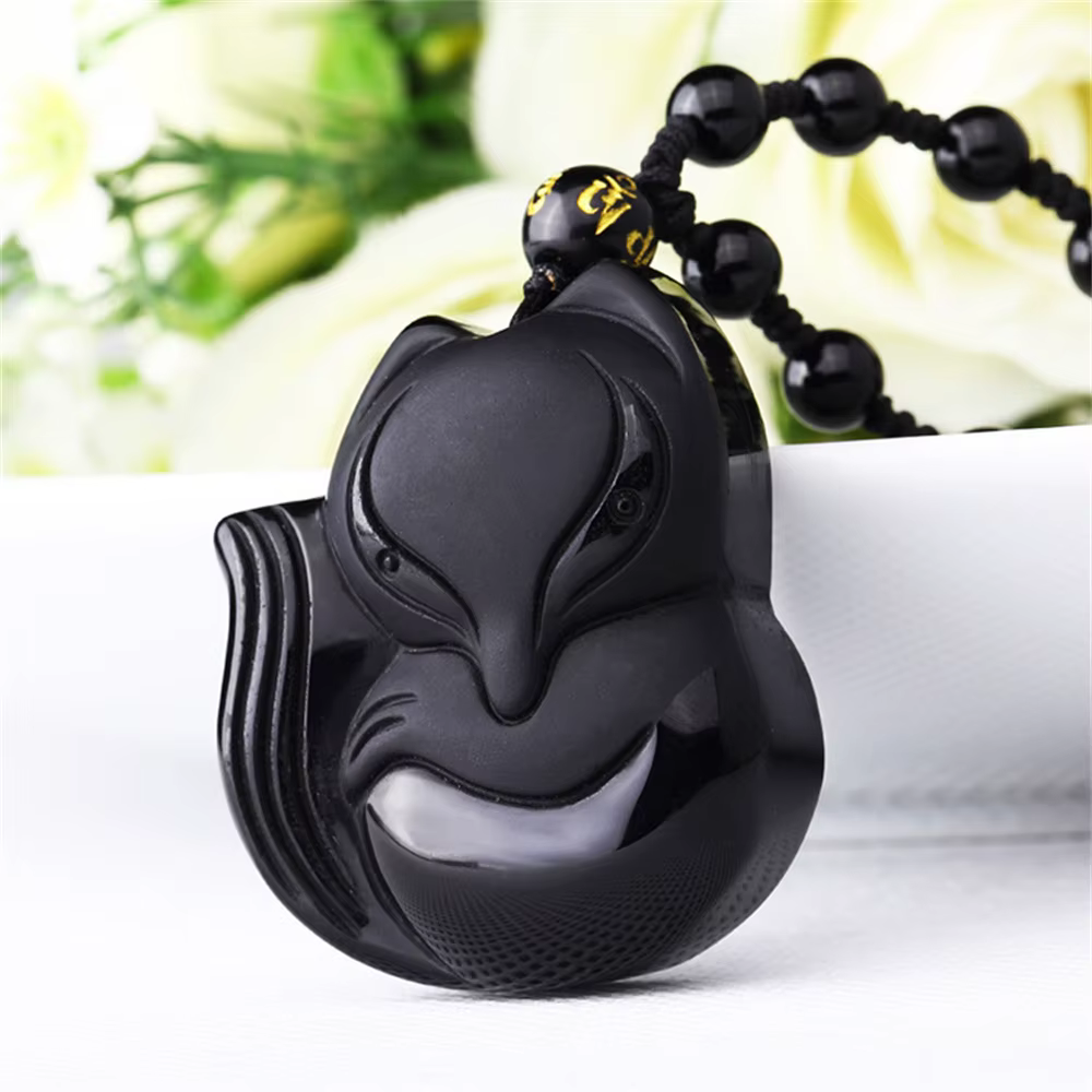 Chinese Handwork Natural Black Ice Obsidian Carved Cute Fox Blessing bead animals Amulet Beads Necklace Trendy Gift Jewelry