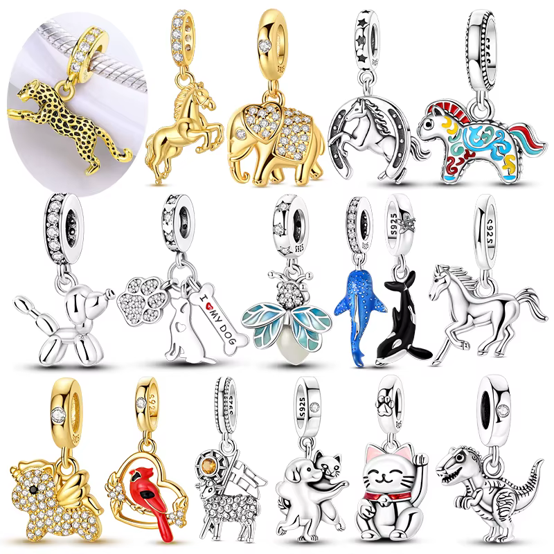 Charms Silver 925 Animal Pendant Beaded Cat Dog Leopard Pony Charms Fit Bracelet Bangle Necklace DIY Women Jewelry Making Gifts